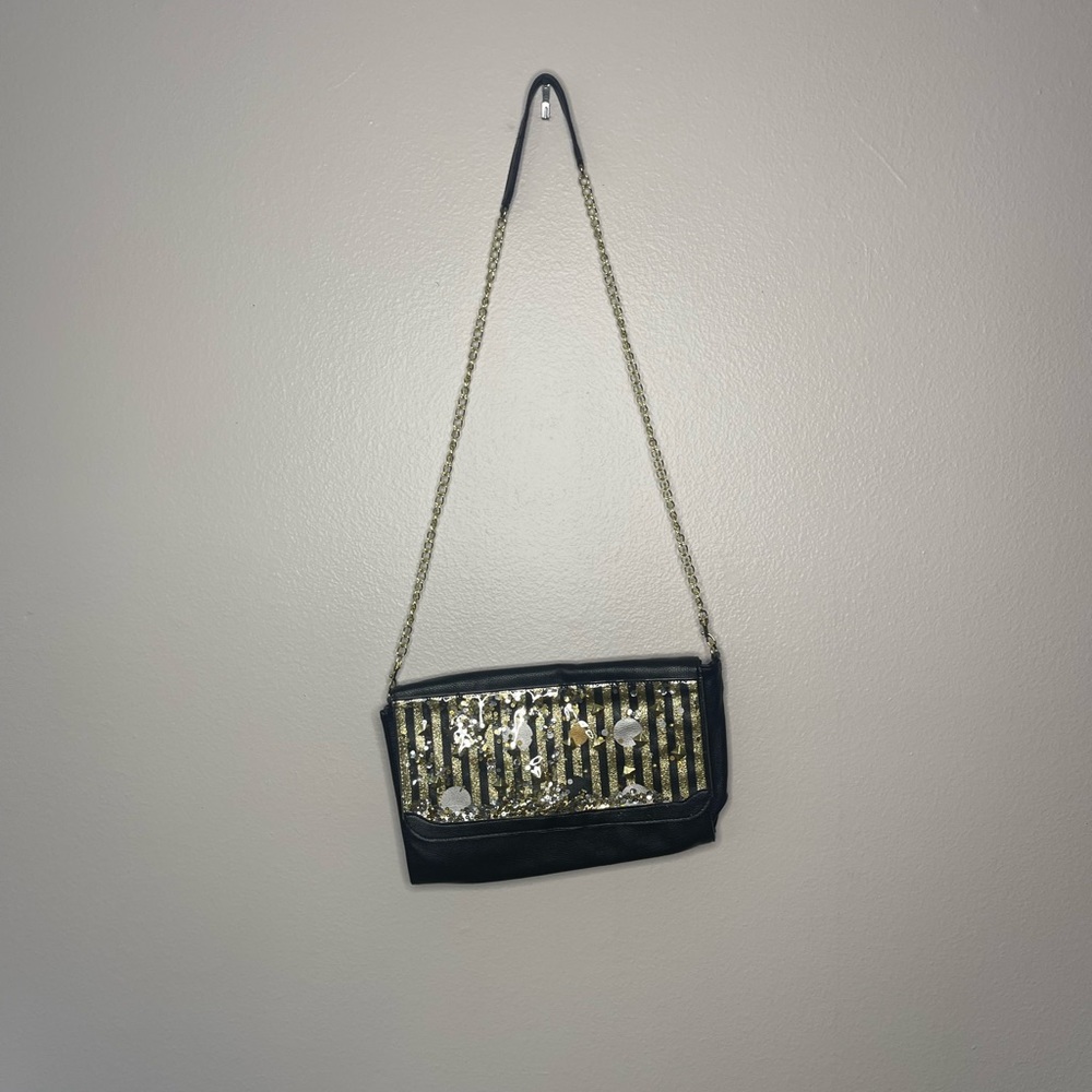 Betsey Johnson Black Gold Glitter Striped Purse